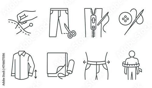 Sewing and tailoring icons depicting various tools and techniques