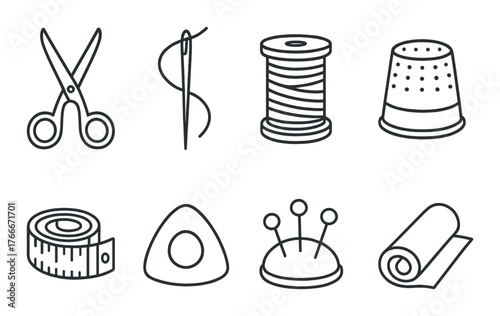 Sewing tools icons: scissors, needle, thread, thimble, tape, chalk, pins, fabric roll