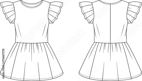 Girl’s dress fashion sketch, front and back view, ruffle sleeves, round neckline, gathered skirt, garment illustration, clothing design drawing