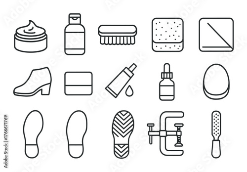 Shoe care icons: polish, brush, cream, sole, sponge collection on dark background