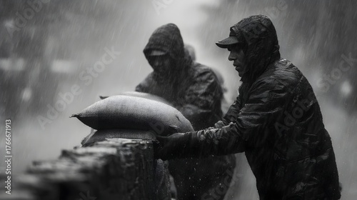 Two people in raincoats work together stacking sandbags in heavy pouring rain for flood defense