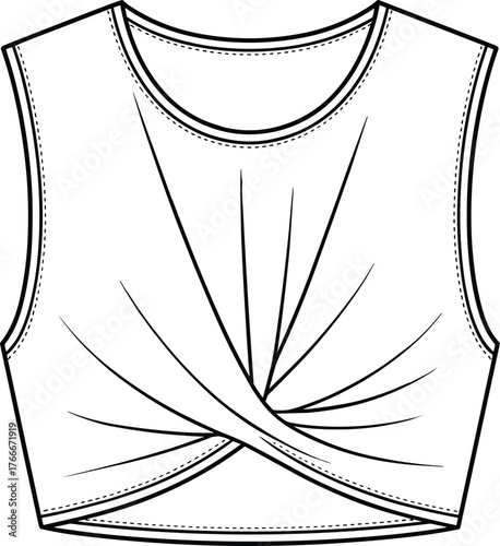 Sleeveless crop top fashion sketch, twisted front design, round neckline, asymmetrical hem, garment illustration, clothing design, stylish apparel drawing