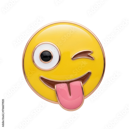 Playful yellow emoji pin with a winking eye and sticking out tongue, a fun accessory