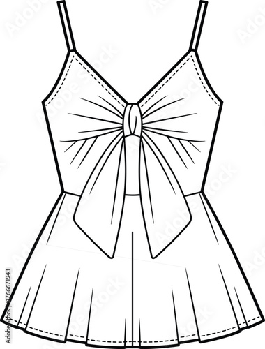 Sleeveless dress fashion sketch, spaghetti straps, knotted bow detail, flared pleated skirt, garment illustration, clothing design, apparel drawing, elegant style