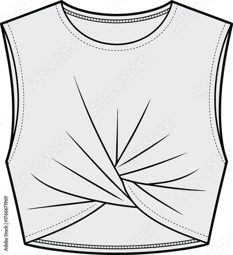 Sleeveless top fashion sketch, round neckline, twisted pleat design, asymmetrical hem, garment illustration, clothing drawing, stylish apparel, technical design