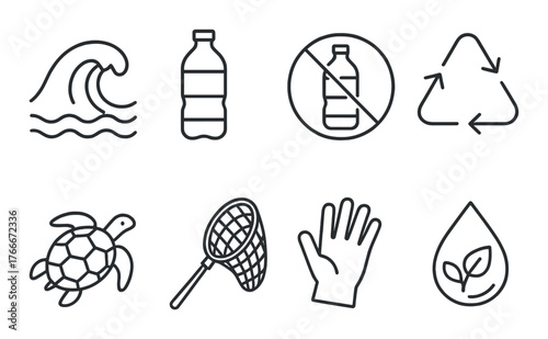 Environmental icons highlighting ocean pollution and recycling efforts
