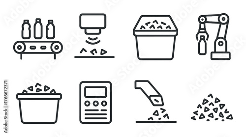 Recycling process icons for plastic waste management and automation