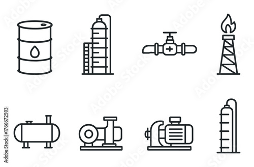 Industrial icons: oil barrel, refinery, pipeline, gas tower, storage tank, pump, distillation column