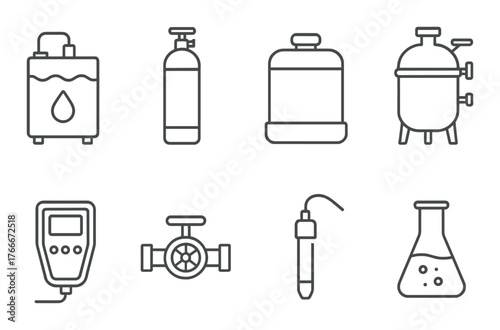 Industrial equipment icons: storage tanks, measuring devices, valves, laboratory flask