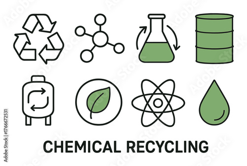 Chemical recycling icons: sustainable process symbols on green background