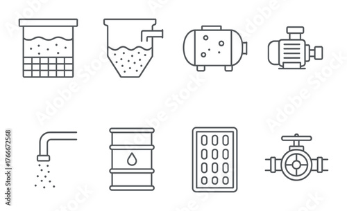 Industrial water treatment icons set featuring pumps, valves, and tanks