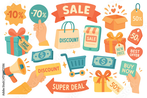 Bright flat illustration with sale and discount icons including gifts, tags, money, and shopping elements.