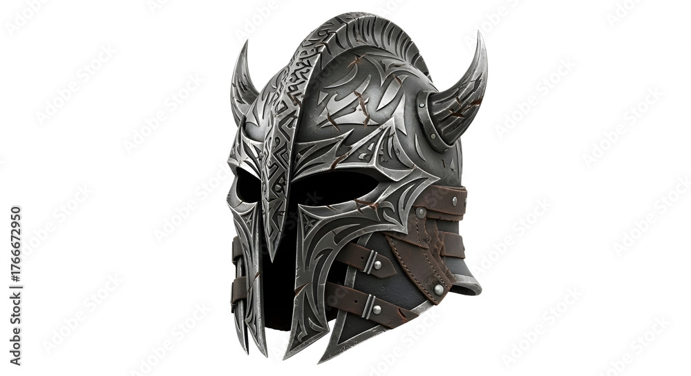 Fototapeta premium Detailed horned iron helmet for video game or role playing use isolated PNG with Transparent Background