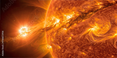 This vivid scene displays intense solar flares bursting from the sun's surface, showcasing dynamic solar activity during a solar observation event at dusk. The energy radiates with brilliant colors