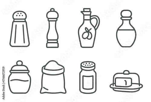 Outlined icons of kitchen condiments: oil vinegar salt pepper containers