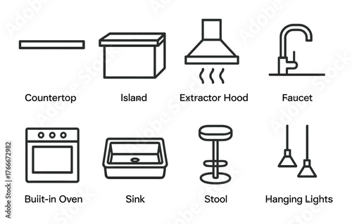 Modern kitchen elements: countertop, island, extractor hood, faucet, built-in oven, sink, stool, hanging lights