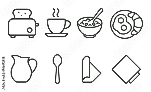 Simple breakfast icons: toaster, coffee, cereal, croissant, milk, spoon, napkin
