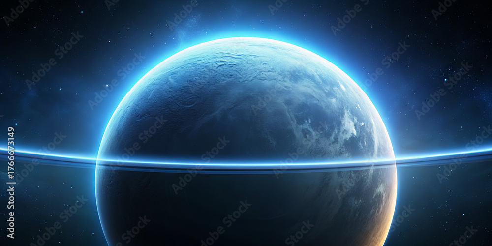 Fototapeta premium A mesmerizing scene captures a distant planet with a bright ring encircling it. The cosmic background features vibrant stars and deep space colors, creating a stunning astronomical display