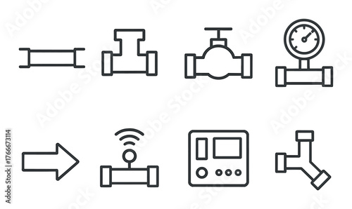 Industrial pipe and control icons on black background