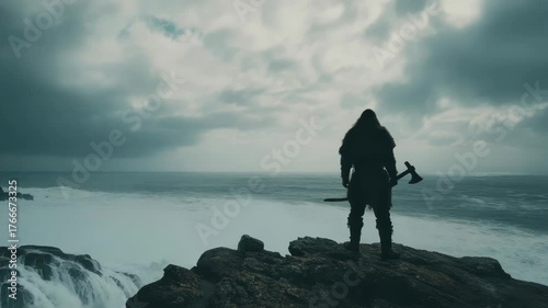 Brave Warrior Standing on Rocky Cliff Against Stormy Sky