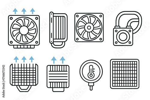 Computer cooling components: fans, radiators, heat sinks, and thermometers