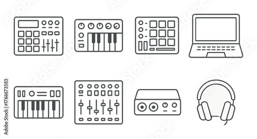 Sleek audio equipment icons with glowing headphones accent