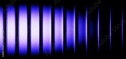 Fototapeta Naklejka Na Ścianę i Meble -  Ribbed fractal glass gradient texture with pulse neon violet blue glow on black 3d background. Futuristic wallpaper with vertical stripe pattern and wave light effect, vibrant design. 3D illustration