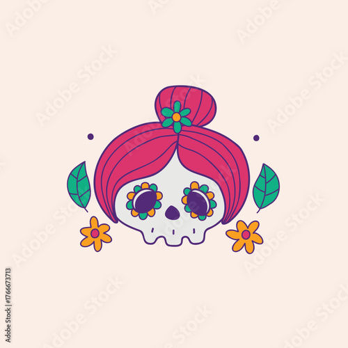 Creative illustration of a sugar skull with pink hair bun adorned with flowers and leaves, perfect for Day of the Dead designs and cultural celebrations