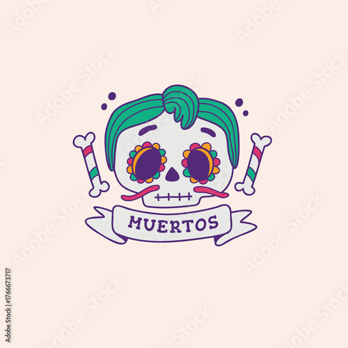 Stylized sugar skull with a mustache and floral eyes for the Day of the Dead. A festive and traditional Mexican 'Muertos' holiday illustration