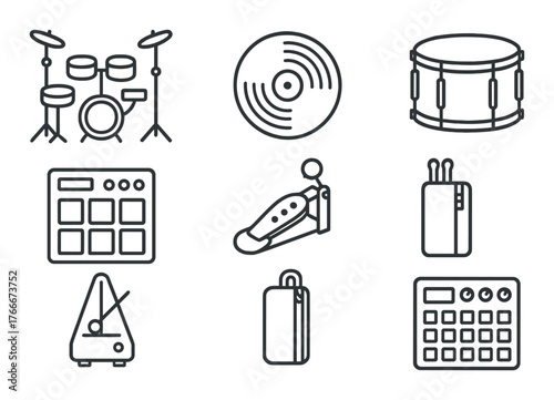 Monochrome music equipment icons: drum kit, vinyl, synthesizer, pedal, mixer, metronome