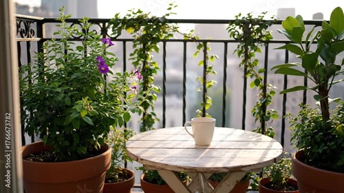 Serene city apartment balcony transformed into a vibrant green oasis, featuring lush potted plants, a charming rustic table with a cup, offering a tranquil urban escape