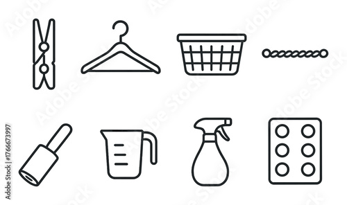 Laundry and cleaning icons: hanger, basket, spray bottle, lint roller