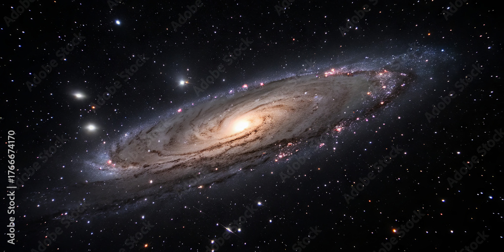 Fototapeta premium A stunning spiral galaxy is seen against a backdrop of countless stars and cosmic dust. The bright center glows amidst swirling formations, creating a mesmerizing view of the universe