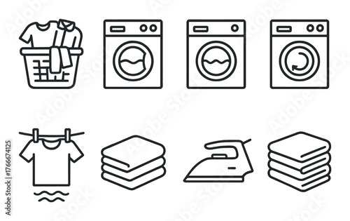 Laundry icons set with washing machines, clothes, ironing, and folding on dark background
