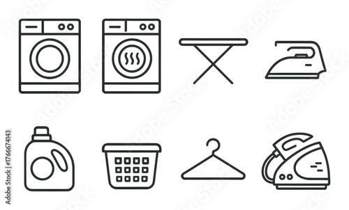 Laundry and ironing essentials: washer, dryer, iron, ironing board, detergent, basket, hanger
