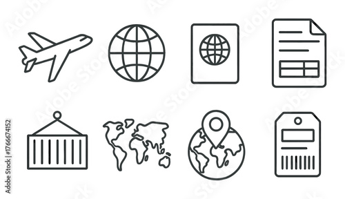 Monochrome global travel and logistics icons on gradient background