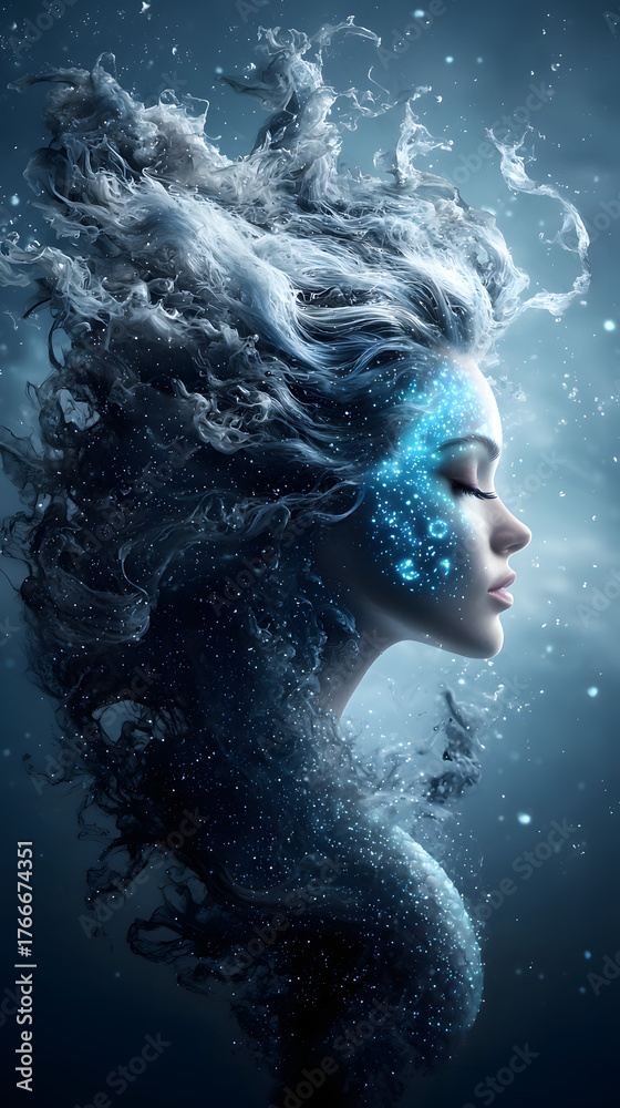 Fototapeta premium Ethereal Woman with Flowing Hair and Cosmic Elements in Dreamy Space