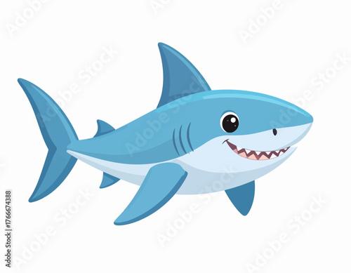 A cheerful cartoon illustration of a blue shark with fins and tail, showing sharp teeth and a friendly smile