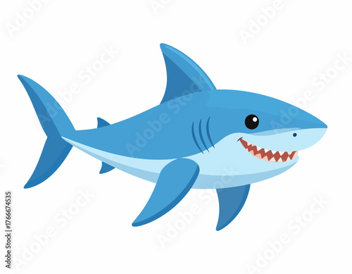 Charming and friendly blue shark cartoon illustration, a delightful conceptual graphic for children's designs, educational materials, or marine life themes, depicting a cheerful aquatic creature