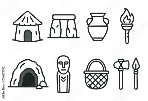 Ancient tools and structures icons including cave, hut, stonehenge, torch, vase, basket, spear, and axe