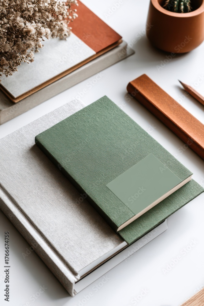 Fototapeta premium Elegant stationery arrangement with books and accessories on a minimalist desk