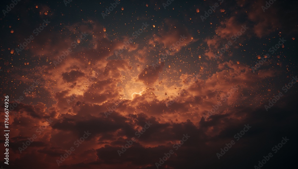 Fototapeta premium Glowing twilight cloud formations spreading across sky at dusk, with floating ember-like particles