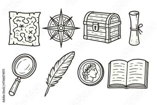 Treasure hunt symbols: map, compass, chest, scroll, magnifying glass, feather, coin, book