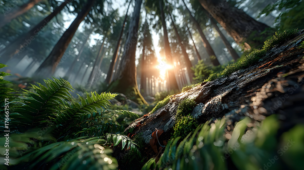 Obraz premium Serene Forest Landscape with Sunlight Filtering Through Trees