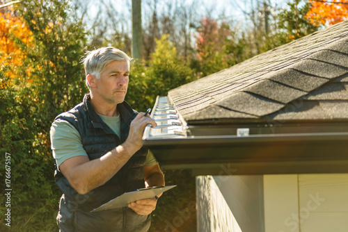 man standing on steps inspecting house roof