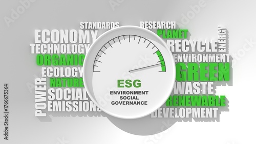 ESG value meter. Environmental, Social and Corporate Governance. Concept calling to remember the involvement of this company in solving environmental, social and management problems. 3D render