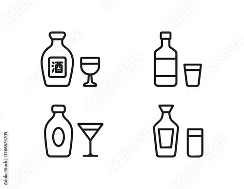 simple outline stroke icon isolated on white background chinese baijiu bottle liquor glass spirit bottle shot glass rice liquor clear drink party glass alcohol bottle