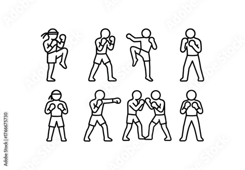 simple outline stroke icon isolated on white background thai muay thai boxing stance kick pose fighter pose thai boxer punch pose spar stance combat sport