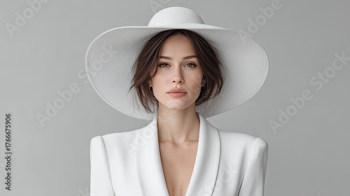 Elegant Woman Wearing A White Wide-brimmed Hat And White Blazer In A Studio Portrait With Soft Lighting And A Neutral Gray Background