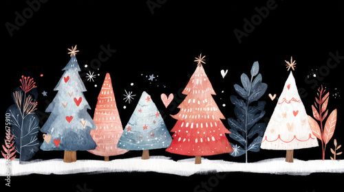 Watercolor Christmas Trees with Hearts Stars Snowflakes on Snowy Ground Against Black Backdrop